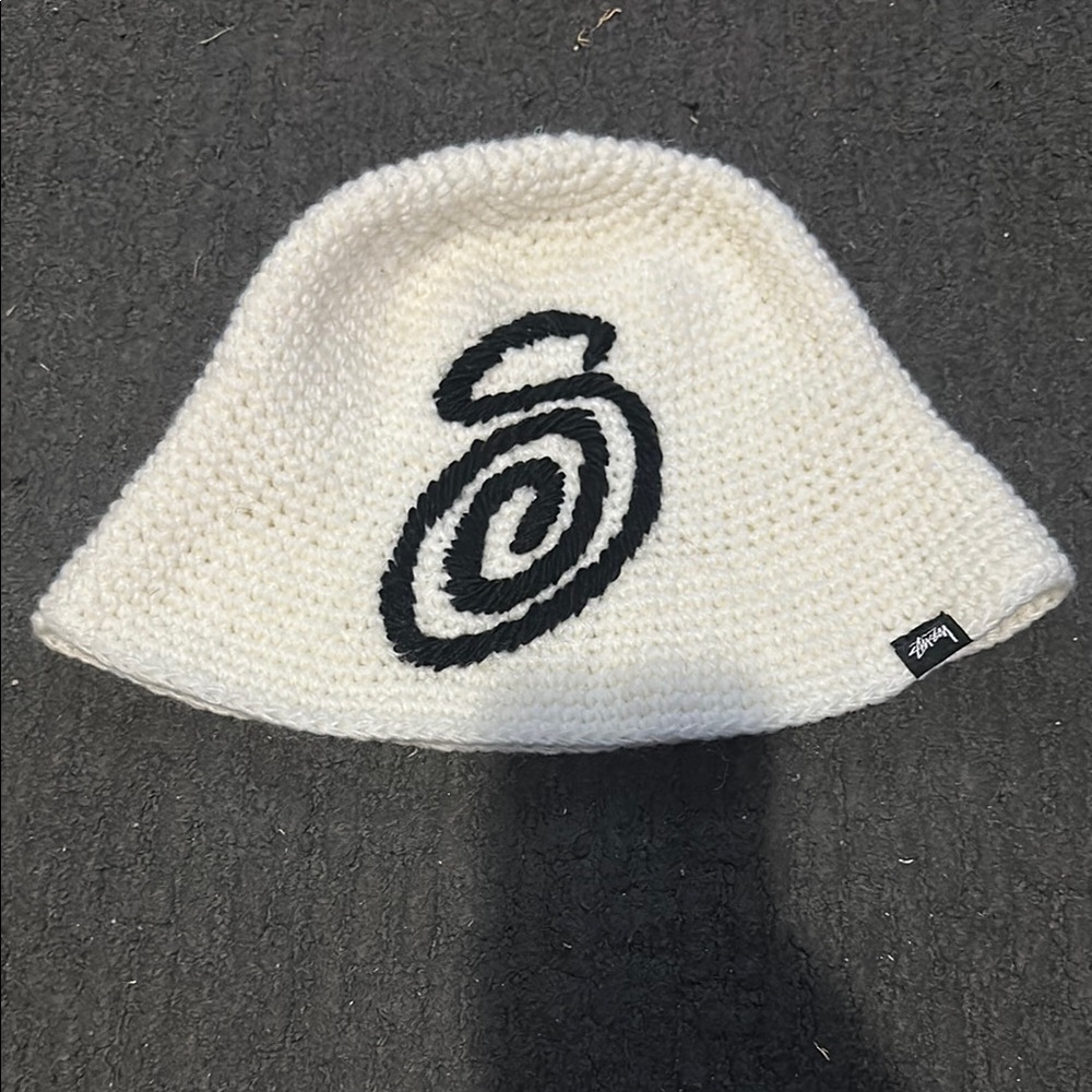 Stussy Cream Knit Bucket Hat with Black Swirl